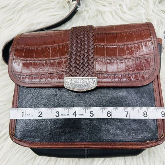 Vintage Brighton Crossbody Flap Organizer Leather Black & Brown Croc Print Purse - Picture 5 of 16